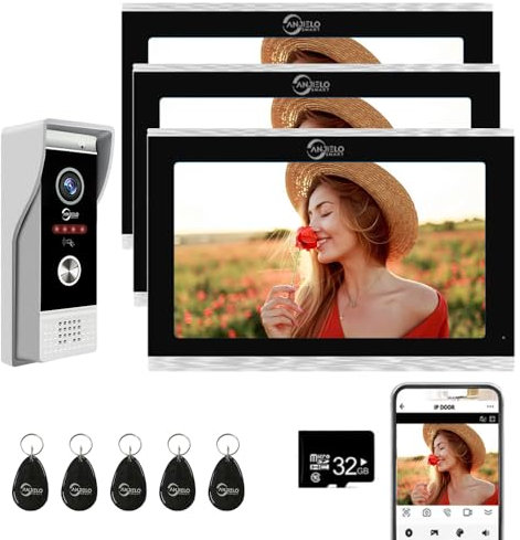 ANJIELO SMART Wired Video Doorbell Intercom System,1080P Doorbell Camera with 3PC 10 Inch Touch Screen Monitor,Support Motion Detection,3 in 1 Unlock,Tuya 32G
