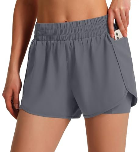 Ksmien Women's Running Shorts Quick Dry Lightweight Athletic Workout Shorts with Liner Phone Pockets Dark Grey