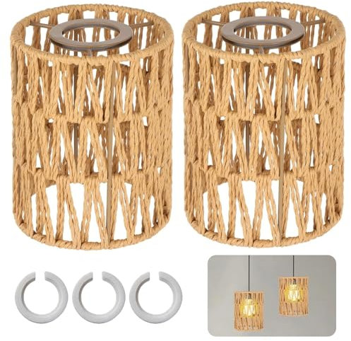 2 Stück Lampenschirm Hängelampe, Rattan Hängelampe Korbgeflecht (H 15cm) mit Lampenschirm-Adapterring, Ersatzschirm Zubehör für Stehlampe, Tischlampe, Pendelleuchten, Deckenlampe (braun)