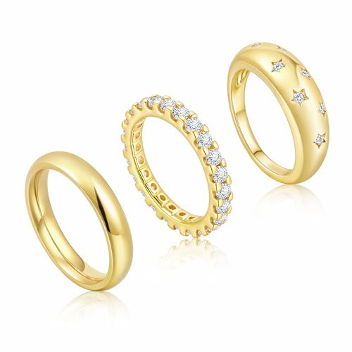TempBeau 3 anelli da donna con zirconia cubica, placcati in oro 14 carati, in acciaio inox e rame, per donna, fidanzata, mamma, impilabile, impermeabile, per compleanno, festa della mamma, acciaio