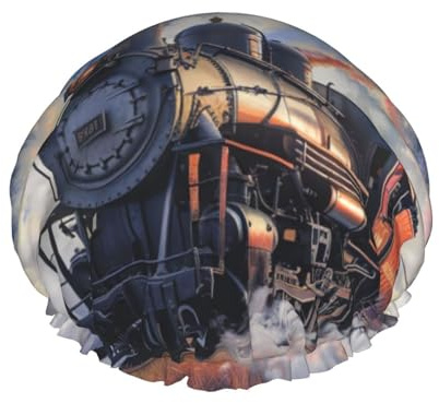 Bonnet de douche imprimé train à vapeur nuages, bonnet de douche imperméable pour femme réutilisable avec bande élastique