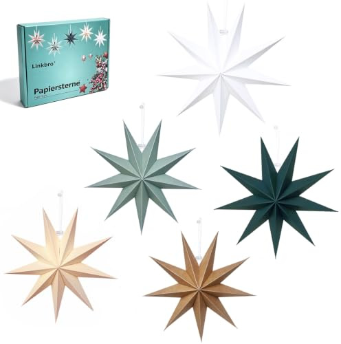 Linkbro 5 Stück Papiersterne zum Aufhängen, 30cm Faltsterne, Natürliche Töne, 9 Zacken Weihnachten Papier Sterne für Fenster Zimmer (Braun, Beige, Weiß, Dunkelgrün, Salbei Grün)