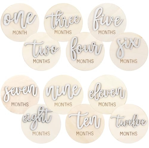 PEOVLVN Holz Meilensteinkarten Baby - 6pcs 1-12 Monate Baby Monatskarten aus Holz, Perfekt für Meilensteinkartens Schwangerschaft & Babys Meilensteinkarten, Ideal für Eltern & werdende Mütter(Weiß)