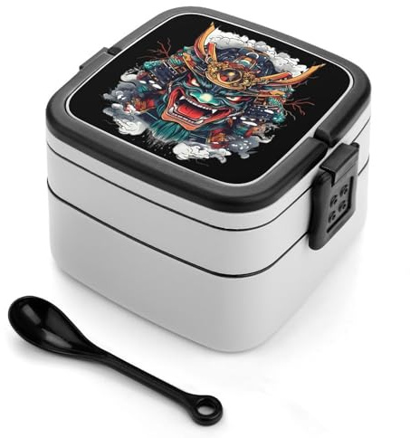 SMAZDFXX Fiambrera japonesa Oni Mask tipo Bento Box, doble capa, hermética, con asa y cuchara.