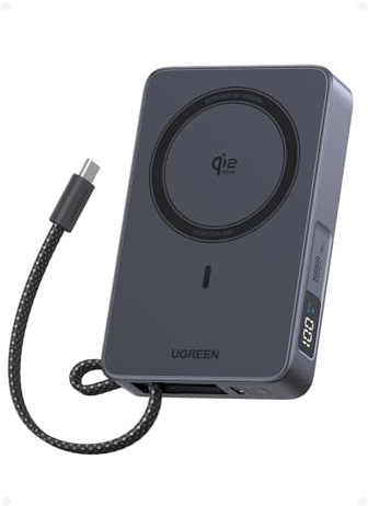 UGREEN Magflow Qi2 25W Power Bank Magsafe 10000mAh USB C PD 30W (Gris) | Batería Externa Magnético Cargador Inalámbrico Carga Rápida con Ecran Digital Compatible con iPhone 17 16 15 14 13 12