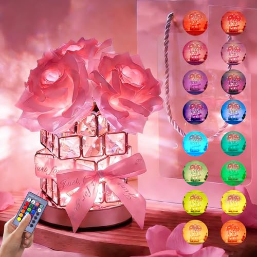 Kertaym Ewige Rose Kristall Lampe, Touch Lampe Mit 16 RGB Farben, Geschenk Für Partner, Dekorative Flower Lamp Für Schlafzimmer/Wohnzimmer, Geschenke Für Frauen (Rosa Rosen C)
