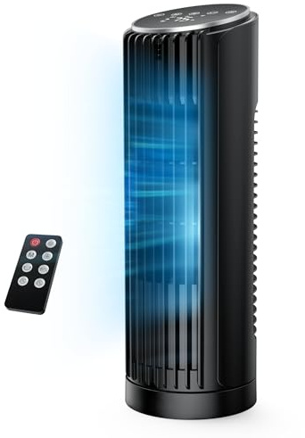 PNTCK Ventilador Torre con Mando a Distancia, 33 cm Ventilador Ultra Silencioso (24 dB) - 4 Modos y 4 Velocidades, Oscilación 70°, Temporizador 12H, Pantalla LED, Función Automática con Sensor