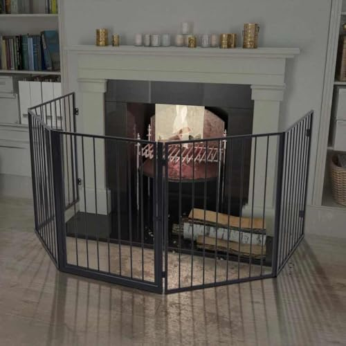 Rejilla protectora para chimenea para mascotas, acero negro, 123 x 123 x 76 cm, rejilla de protección con puerta para estufa de leña, rejilla de fuego, protección contra chispas y fuego en el salón
