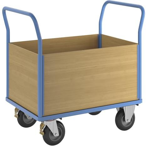 eurokraft | Plattformwagen mit Holzwänden | mit 4 hohen Wänden | LxB 1050 x 700 mm | Luftreifen