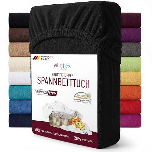 EllaTex Frottee Topper Spannbettlaken 180x200–200x200 – 200 g/m², warmes Spannbetttuch für Topper bis 12 cm Höhe, Farbe: Schwarz