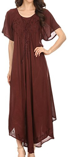 Sakkas 1701 - Lilia Embroidered Lace Up Bodice Relaxed Fit Maxi Sun Dress - Dark Brown - OS