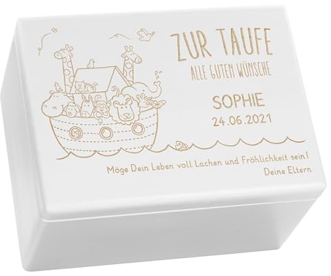 LAUBLUST Holzkiste mit Gravur - Personalisiert mit Name | Datum | WIDMUNG - Weiß Größe XL - Arche Noah Motiv - Geschenkkiste zur Taufe, FSC®
