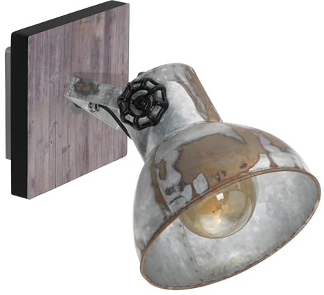 Eglo vägglampa barnstaple, 1 glödlampa vintage vägglampa i industriell design, retro väggspot av stål i zink använd look, trä, rostutseende, svart, E27-sockel