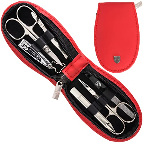 DREI SCHWERTER - Germany 6-tlg. Maniküre Set 'Olbia' | Nageletui in Echt Leder rot | Inhalt: Hautschere, Nagelschere, Pinzette schräg, Doppelinstrument, Nagelknipser, Saphirnagelfeile