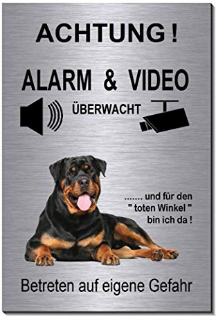 Rottweiler-Alarm-Video-Überwachung-Hund-15 x 10 cm-Schild-Hundeschild-Aluminium Edelstahloptik-Hunde-Tierschild-Warnschild-Hinweisschild (1905-72 mit Klebepads)