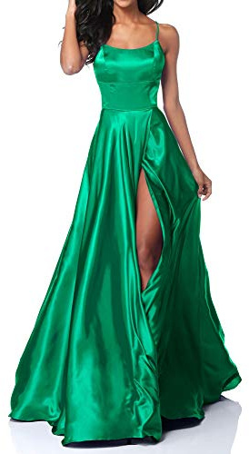 Lecureler Long Satin Spaghetti Strap Prom Dress Garden Green Size 12