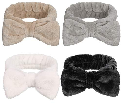 Heyu-Lotus 4 Stück Spa Bowknot Haarbänder, Coral Fleece Makeup Bow Stirnband Elastic Cosmetic Stirnband zum Waschen der Gesichtsdusche Yoga Sport Hautpflege(Schwarz, Weiß, Grau, Khaki)