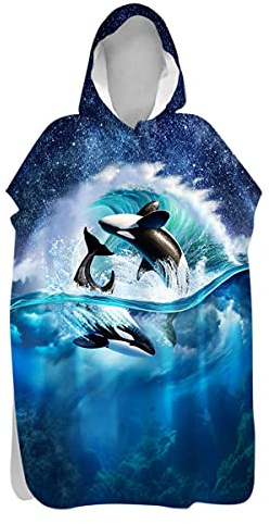 Treer Serviette Poncho Adulte Microfibre Séchage Rapide Poncho à Capuche Plage Surf, Serviette à Changement Peignoir Piscine Robe de Bain pour Homme et Femme (Orcinus Orque,60x110cm)