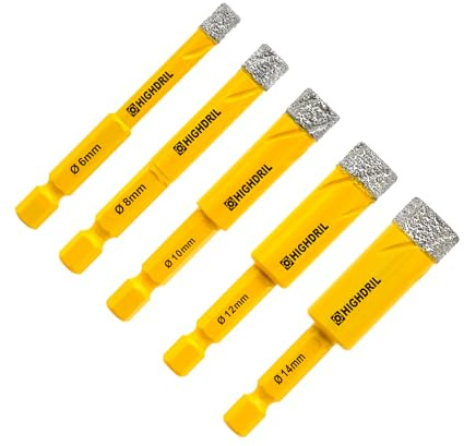 HIGHDRIL Dry Diamond Drill Bits,5pcs 6mm/8mm/10mm/12mm/14mm with Hex Shank for Granite Marble Porcelain Tile Ceramic