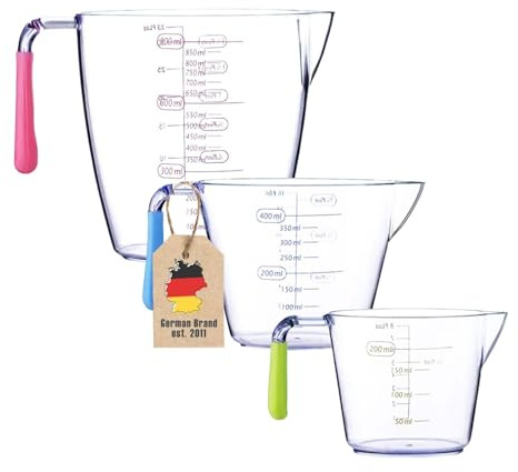 Intirilife Lot de 3 gobelets gradués -200 ml, 400 ml, 900 ml- Set de 3 gobelets gradués avec poignée, pichet gradué en plastique avec échelle graduée & bec verseur,pour cuisiner Pâtisserie Mesurer