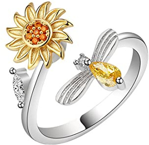 GAUEIOUR To My Daughter Sunflower Fidget Ring,Silver Swivel Anti Stress Anxiety Ring,Rhinestone Adjustable Open Jewelry Gift,Simple And Versatile Popular Anti-Stress Ring