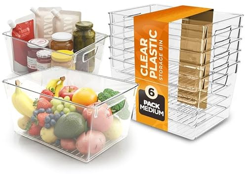 Utopia Kitchen Clear Organizer or Storage Bins - 6 Pack Pantry Organizers and Storage Bins - Large Durable Storage Containers With Handles for Organizing Fridge, Kitchen Organization