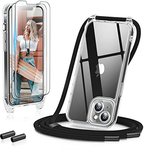 GOODVISH 3 in 1 Handykette für iPhone 13 6,1 Zoll - mit 2 Stück Schutzfolie - Necklace Hülle mit Band [Kameraschutz] [360°-Schutz] Handyhülle für zum Umhängen - Transparent Case mit Schnur, Schwarz