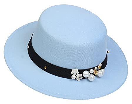 NiceYnn Classic Vintage Wool Wide Brim Flat Top Pork Pie Boater Hat, Adjustable Pearl Band Fedora Church Derby Felt Cap for Wedding Party Talent Show