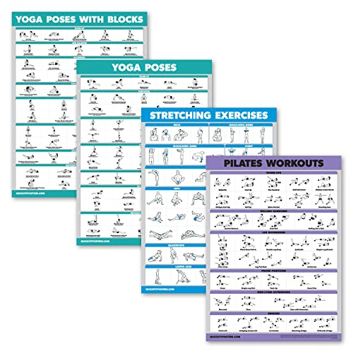 4 Pack - Yoga Block Poses + Pilates Exercise + Yoga Poses Positions + Stretching Posters - Set of Four Fitness Charts