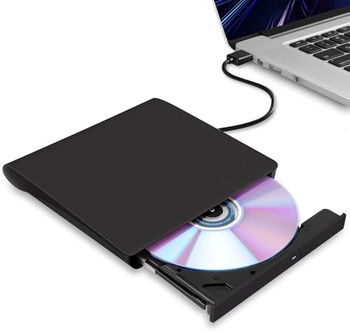 Hcsunfly External CD/DVD Drive for Laptop, USB 3.0 Ultra-Slim Portable Burner Writer Compatible with Mac MacBook Pro/Air iMac Desktop Windows 7/8/10/XP/Vista (White) (Black)