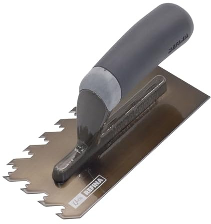 Refina NotchTile Graphite Tile Adhesive Notched Trowel for Wall & Floor Tiles - Right-Handed 8x3 (190x80mm) Midget Trowel with Laser-Cut H45 10mm Notches - Soft Grip Durable Tiling Tools