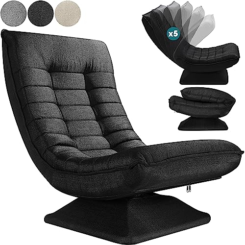 CASARIA® Sillón Relax Respaldo Ajustable 5 Posiciones Ergonómico Giratorio 360° Manual Carga 150kg Silla de Suelo Plegable Tapizado Negro 60x105x87cm