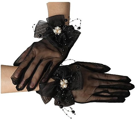 LJRPUPY Braut Handschuhe mit Perlen Bankett Kleid Handschuhe Handgelenklänge Satin Handschuhe für Hochzeit Oper Party, Schwarz, EinheitsgröÃŸe