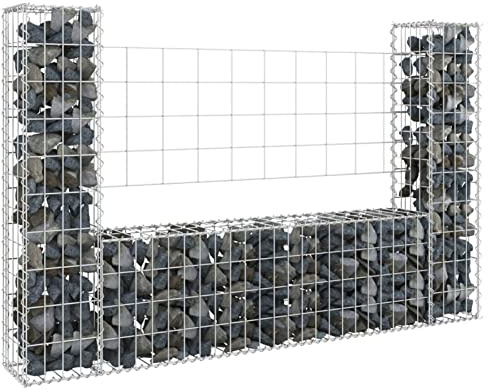 Homgoday U-shape Gabion Basket with 2 Posts Iron 140x20x100 cm, Gabion Basket Cage, Mesh Wire Stone Basket, Outdoor Spiral Retaining Wall, Garden Planter