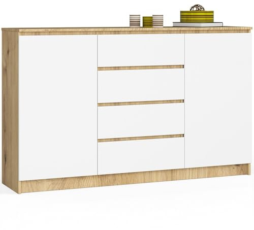 AKORD Kommode K 160 cm | 4 Schubladen und 2 Türen | für Wohnzimmer Schlafzimmer Schrank Wohnzimmer | Modernes Funktionelles Design | 16mm Schichtstoffplatte | Farbe: Artisan Eiche | Weiß