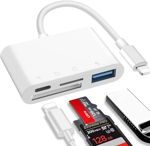 Loydia SD Kartenleser für iPhone iPad, 4 in 1 Kamera Kartenleser, Ladeanschluss+USB Anschluss+TF+Micro SD Kartenleser Speicherkarten Adapter für iPhone 14/13/12/11/X/XS/XR/8/7 iPad, Plug and Play