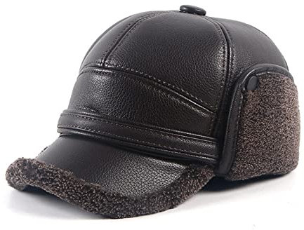 Lederhüte für Herren und Damen Leder bomber hüte männer winter ohrflamm hut hinterfolgeaugend warme faux f-ur wolle ohrklappen Baseballmütze männlich verdicken Warmes und süßes Geschenk ( Color : Brow