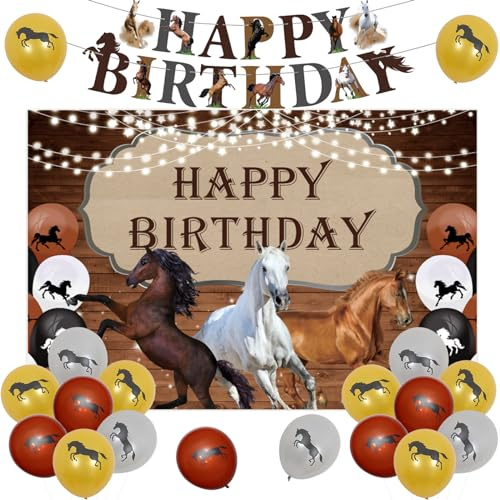 Jollyboom Pferd Geburtstag Party Dekorationen, Kindergeburtstag Deko mit Pferd Hintergrund, Happy Birthday Banner, Luftballons für Pferderennen Party Supplies