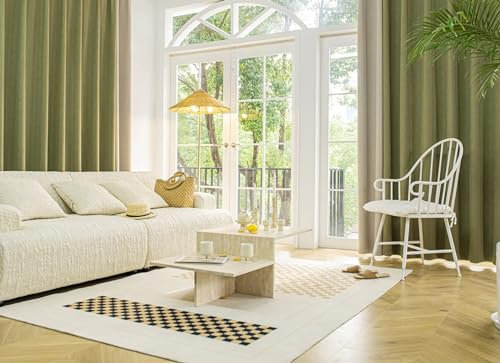 Whoiy Schlafzimmer Gardienen Grün Creme Chenille Jacquard mit Ösen, Vorhänge Verdunkelnd Einfarbiges Patchwork 2 Stück Curtains für Wohnzimmer, H 229 x B 132 cm