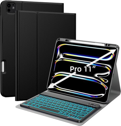 JUQITECH iPad Pro 11 Inch (M4) Keyboard Case 5th Generation A2836 A2837 A3006, Backlit Bluetooth Magnetic Detachable Folio Rechargeable Keyboard Soft Protective Tablet Case with Pencil Holder, Black