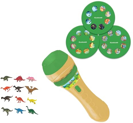 Lexibook, Geschichtenprojektor und Taschenlampe, Erstellen Sie bis zu 3 Geschichten mit 24 Dinosaurierbildern, inklusive 12 Dinosaurierfiguren, Gelb/grün, LTC045Z