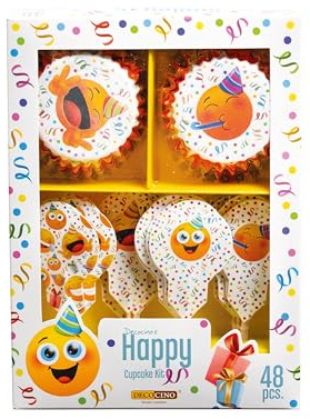 DECOCINO Muffinset Happy 48-tlg. - 24 Cupcake Förmchen und 24 Muffin Topper aus Papier, ideal für Geburtstage, Partys, JGA, Abschlussfeiern oder einfach nur so
