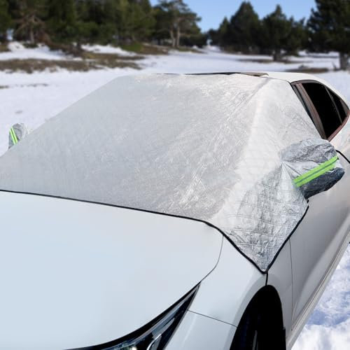 Car Windscreen Frost Cover, Snow UV Ice Protection Car Windshield Cover with hooks and Side Wing Mirror Covers, Heavy Duty Windshield Frost Guard for Cars SUVs Trucks All Years (220cm x 145cm)