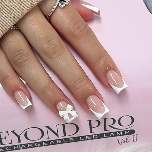 BOHUIMYI 24 PCS Square French Press On Nails with Glue, White Tip Acrylic Fake Nails Kit, Full Cover Glossy Stick On Nails for Women DIY Manicure Wedding Party Daily Wear