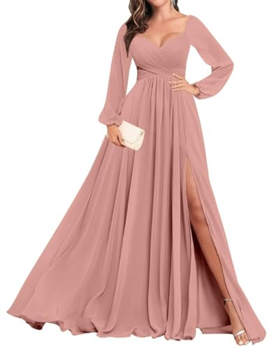 Robe de demoiselle d'honneur à manches longues en mousseline plissée formelle fendue pour femme, vieux rose, 46