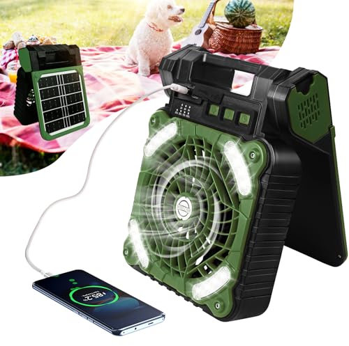 Waiybbit Camping Fan with LED Light 4 Speeds Solar & USB Rechargeable Fan 10000mAh Power Bank Green 17 x 22.2 x 6 cm