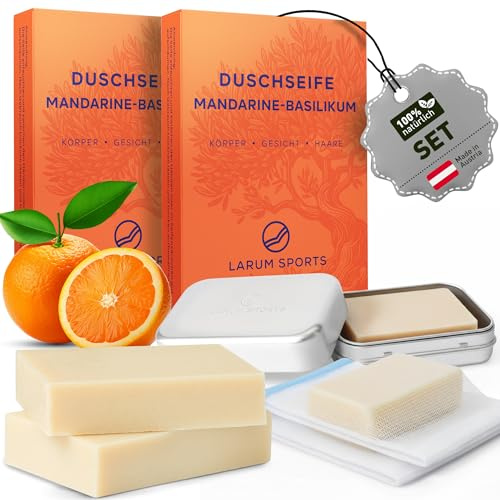 larum sports feste Duschseife Frauen 3 in 1, Mandarine-Basilikum, SET | Festes Shampoo, Seife Stück, für Haare Körper Gesicht, Naturseife, vegane Körperseife, festes Duschgel