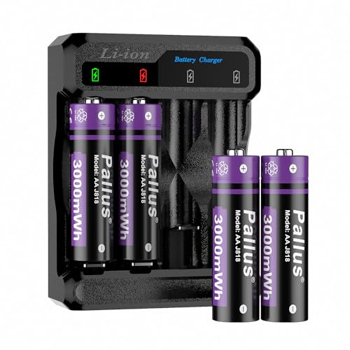 Pallus Lot de 4 piles au lithium AA rechargeables avec chargeur, 3000 mWh (1,5 V, 2000 mAh), haute capacité, rechargeables AA, 1600 cycles et charge rapide de 2 heures