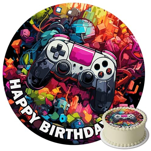 J&M DECO Tortenaufleger Gamer – essbare Kuchendeko Ø 20 cm – Tortenbild mit Gaming-Motiv für Jungengeburtstag – Zuckerpapier Tortendekoration – gebrauchsfertig
