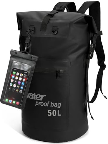 WELDUN Wasserdichter Rucksack 35L/50L Waterproof Rolltop Rucksack Dry Bag mit IPX8 Handyhülle, für Kajak, Kanu, Camping, Trekking, Wandern, Segeln oder andere Wassersportarten 50L Schwarz